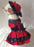 Platinum Puppy Couture - Black Cherry 4-pc Harness Dress Set - Triple-layer (double-ruffle) skirted cherry red harness dress with black background cherry print collar, bowed belt, skirt ruffle, and trim.  Bodice is embroidered with a double-cherry design.
