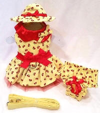 Platinum Puppy Couture - Cherry Surprise 4-pc Harness Dress Set - Adorable and unique, this 4-pc harness dress set is made with bright yellow fabric  embellished with sweet red cherries. The dress has a full ruffle design with a layer of red tulle underneath for fullness. It is embellished with a fancy ruffled edged bow. There is also a matching bow on the collar. The dress has an added D-ring for easy leash access. The set comes with the harness dress; matching sun hat, panty, and leash. The darling matching panty is great to use if your pet is in season or just as part of the outfit. It also looks darling on those dogs with a slightly longer body (if dresses are usually too short). Your little girl is sure to be the center of attention in this little outfit!!!