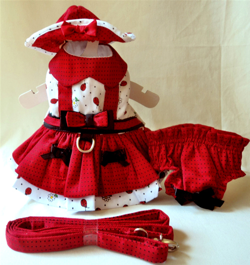 Platinum Puppy Couture - Daisy Bug 4-pc Harness Dress Set - Jumper-styled harness dress in white with ladybugs & daisies print, with deep burgundy red with black polka dots collar, over-skirt, and trim.  Bows accent the pockets and waistline.