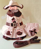 Platinum Puppy Couture - Flutter By 4-pc Harness Dress Set - Pastel pink harness dress, with chocolate brown with pastel pink polka dot print collar, belt, pockets, under-skirt, and trim.  Polka dot and embroidered butterfly on bodice.  Belt is adorned with a double-bow, and rhinestone buckle.