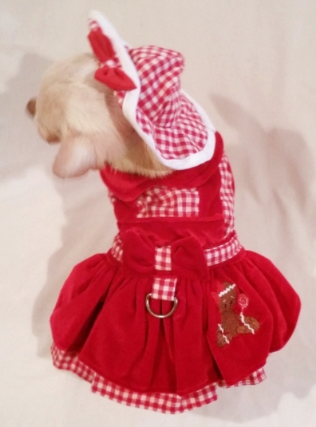 Platinum Puppy Couture - Gingerbread Girl Jumper Style Velveteen 4pc Harness Dress Set - This Gingerbread Girl dog dress set is absolutely beautiful! It is made with a red and white gingham print and red velveteen fabric. It has a double ruffle design. There is a sweet gingerbread girl embroidery design on the right side of the skirt. This dog dress has an added D-ring for easy leash access. The set includes harness dress, panty, hat, and matching leash. The panty is great to use if your pet is in season or just as part of the outfit. It also looks darling on those dogs with a slightly longer body (if dresses are usually too short). High quality...all pieces are lined and finished.