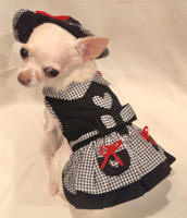 Platinum Puppy Couture - My Heart 4-pc Harness Dress Set - This smart and stylish harness dress is black, with contrasting black and white gingham print collar, over-skirt, and trim.  The bodice and pockets have heart-shaped cut-outs to show off the gingham print.  Red bow accents add a splash of color.