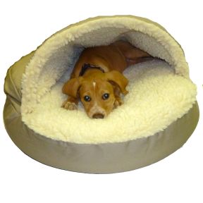 Snoozer Orthopedic Cozy Cave Pet Bed.  Designed for dogs who love to nestle under cover or beneath piles of pillows. The orthopedic cozy cave is topped with a raised hood that satisfies your pets instinctive desire to burrow. A plush simulated lambs wool interior keeps them warm throughout the year. 