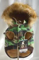 Tabitha & Angus - Twill Camo jacket with removable faux fur trimmed hood.  Snap closures, tan fleece lining, brown ribbed trim at waist.  Bow ribbon on hood.  D-ring on back of jacket.
