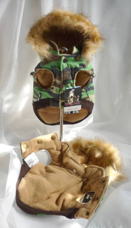 Tabitha & Angus - Twill Camo jacket with removable faux fur trimmed hood.  Snap closures, tan fleece lining, brown ribbed trim at waist.  Bow ribbon on hood.  D-ring on back of jacket.