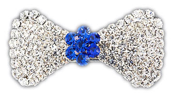 VIPoochy - Blue Sapphire Barrette - A real french clip securely holds this beautiful hair accessory, which is adorned with almost 100 hand-set crystals.  Light-weight, yet sturdy.  Approximately 1-3/4" wide, 7/8" tall at the largest part of the bow.