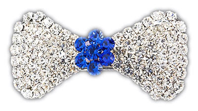 VIPoochy - Blue Sapphire Barrette - A real french clip securely holds this beautiful hair accessory, which is adorned with almost 100 hand-set crystals.  Light-weight, yet sturdy.  Approximately 1-3/4" wide, 7/8" tall at the largest part of the bow.