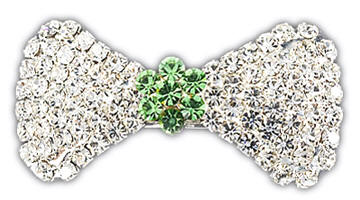 VIPoochy - Peridot Barrette - A real french clip securely holds this beautiful hair accessory, which is adorned with almost 100 hand-set crystals.  Light-weight, yet sturdy.  Approximately 1-3/4" wide, 7/8" tall at the largest part of the bow.