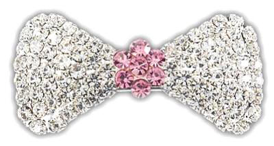 VIPoochy - Pink Sapphire Barrette - A real french clip securely holds this beautiful hair accessory, which is adorned with almost 100 hand-set crystals.  Light-weight, yet sturdy.  Approximately 1-3/4" wide, 7/8" tall at the largest part of the bow.