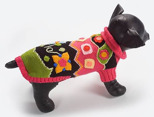 VIPoochy - Patchwork Sweater - 100% Acrylic knitted sweater, with handcrafted crocheted multi-colored flowers.