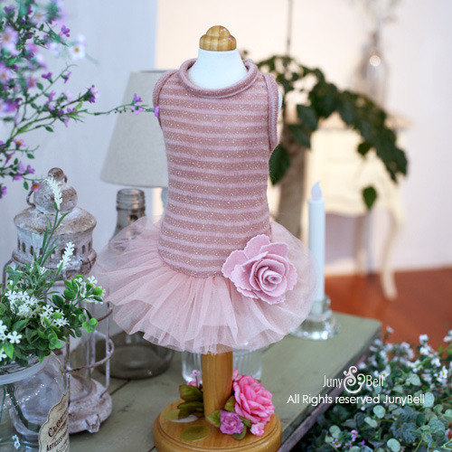 Juny Bell - Irin - This beautiful dress sparkles with gold-threaded "indy pink" polyester knit.  Big gorgeous flower corsage accents the glamorous tulle tutu.