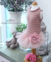 Juny Bell - Irin - This beautiful dress sparkles with gold-threaded "indy pink" polyester knit.  Big gorgeous flower corsage accents the glamorous tulle tutu.