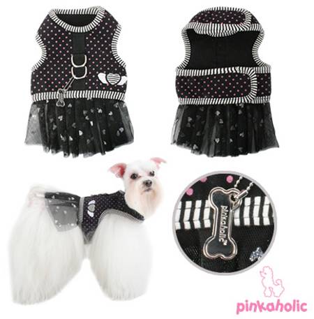 Pinkaholic New York - Little Angel Flirt Harness - Black with pink polka dot pattern, with silver glittery hearts on a mesh skirt.  D-rings for easy leash attachment, with Velcro  closures at neckline and chest.  Cotton/poly blend.