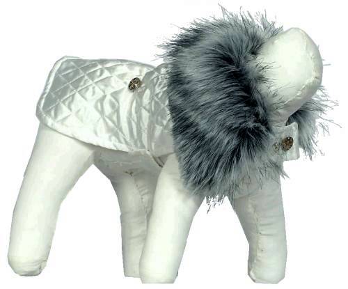 Urban Diggs North Star Dog Coat - Winter White quilted fabric, with faux fur collar.  Ornate metal buttons, cinched waist.  Lined in anti-static winter white.  Made in the USA.